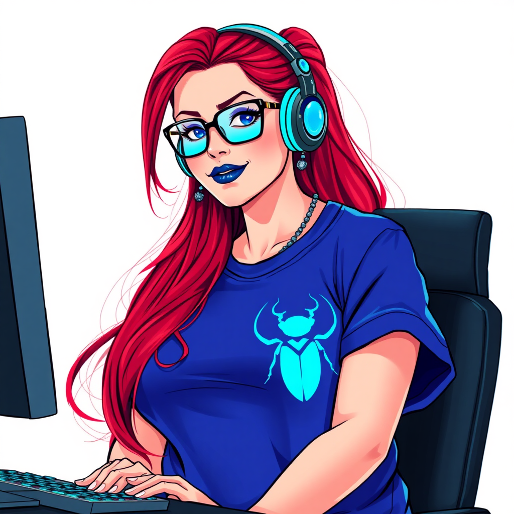 A cyberpunk vigilante’s full-figured intelligent and tech-savvy 28-year-old girlfriend, who is a computer hacker and tech genius. She has a long ruby red ponytail. She wears maximum blue lipstick, bright blue eyes, a sapphire beetle gemstone necklace, sapphire earrings, black eyeglasses, and an oversized maximum blue t-shirt featuring a blue sapphire gemstone crusted beetle chest icon. She has a full-figured physique with a prominent, massive, round belly, reflecting her well-cared-for lifestyle. She sports a sapphire headset with a hi-tech maximum turquoise lensed HUD, and a shy smile with a neon red blush. She serves as his tech expert from his hideout, diligently working at her lab table computer desk. The background is solid white. She is drawn as if she was in a retro 2D cyberpunk fighting game. Ensure her t-shirt covers her belly.