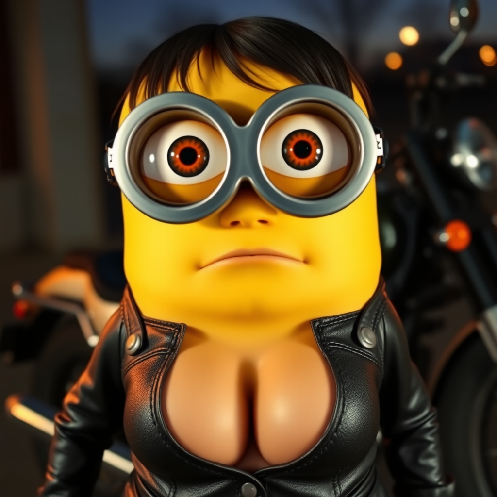 Minion, big eyes, lazy look, leather outfit with deep neckline, large breasts, a motorcycle in the background, it is getting dark.