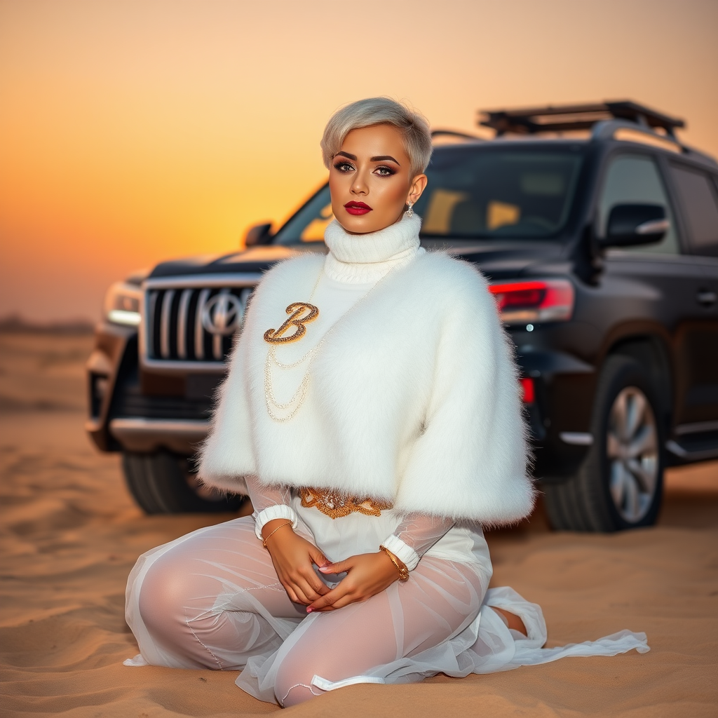 Kuwait desert dunes misty dawn, full size luxury SUV: Melissa, European 17 years old very convincing femboy “trophy-bimbo”, tamed servile docile, very beautiful feminine flawless face, rather short, by hormones very curvaceous womanly figured, platinum blond short tight curls, bold red lips, heavily made-up face, wearing Supertanya-style fluffy very fuzzy bright white angora turtleneck-poncho cropped ending under bust decorated with pearls and gemstones, striking oriental wide gold bridal protection belt, white fully transparent harem pants, full Oriental bridal jewelry including headpiece, nose-ring, coin anklets, striking diamond “Bimbo” letter brooch on left chest, pout frustrated, hands tied behind back, kneeling in sand in front of SUV, looking at camera. Focus on face and turtleneck-poncho.