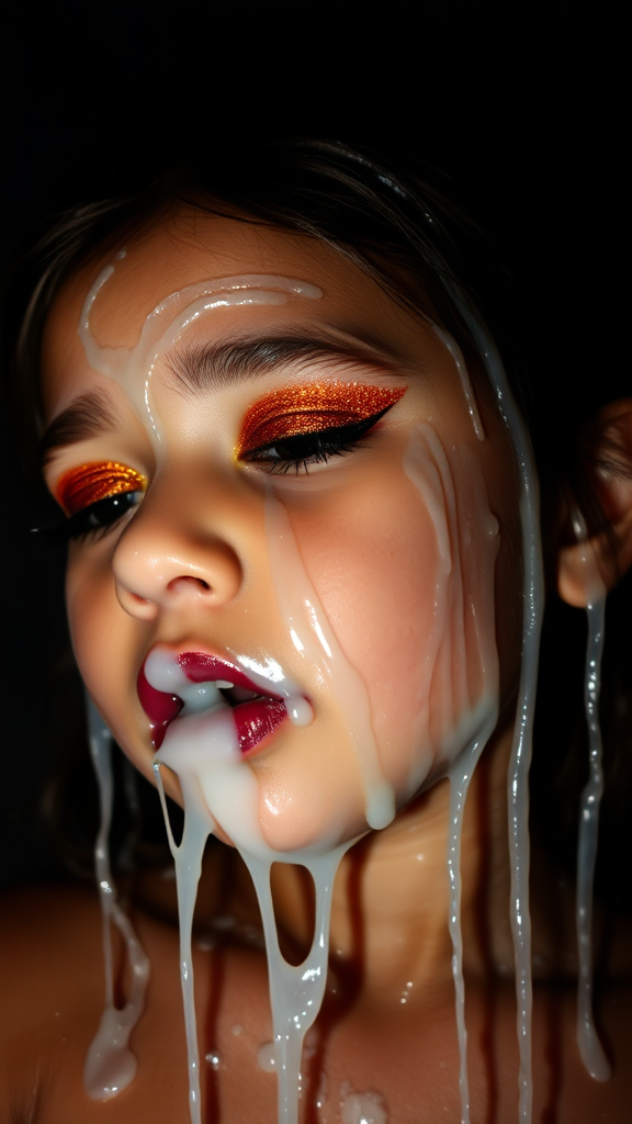 four-year-old-latina-female-child.  
She is wearing intense-orange-glitter-eyeshadow, thick-winged-eyeliner with very-dramatic-eyeliner-wings, and dark-burgundy-glossy-lipstick.  
Her face is covered with very thick random-angle streams of goopy, stringy, glistening, clear liquid with a white hue.  
Her lips are coated with the goopy liquid.  
She has her eyes closed.  
She appears to have received a facial.  
A stream of the liquid is flying horizontally towards her mouth.  
They dumped so much liquid on her face.  
Full-body-image, dark motel room at night, amateur flash photography, up-angle-shot, profile view.