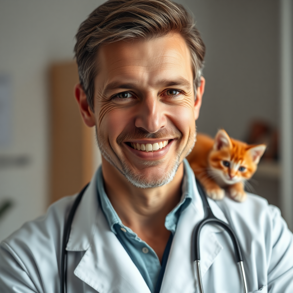 a 57yo handsome Swiss doctor, very reliable look, on his studio, nice smile, really professional look, extremely photorealistic image, no rings. there is a red kitten on the doctor's shoulder, 8k, extremely realistic, insanely photorealistic image, the teeth are stunningly clean.