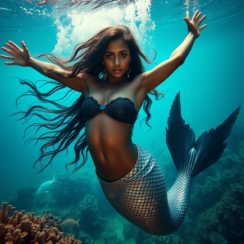 Black Iraqi Girl as a fit and trim mermaid underwater amazing loose flowing hair floating in a nimbus around her beautiful face her arms outstretched languidly over her head. she's looking directly into the viewer's eyes making intense eye contact. diaphanous gossamer. Burlesque. Stunning undersea life details plants and fish and other creatures of the sea. Impressive, shining scaled mermaid tail. Athletic pose. Amazing HD DSLR photographic output.