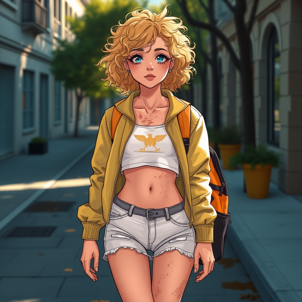 Realistic drawing style image, Extremely good quality 8k resolution drawn manga image of a 15 year old petite and short tomboy girl with golden blonde curly hair with mixed and different colored eyes for each eye and moles on her entire body and is a white American girl, Has on a Gold Jacket over a white extremely short crop top only covering her breasts and nothing more with a design on it, and has on ripped shorts and cool looking sneakers and a deep and big knife cut wound on her stomach from a huge injury she had, with a bright color backpack, ear piercings on, walking on the street to school in the morning with the beautiful sunlight lighting up her body beautifully with no tattoos.