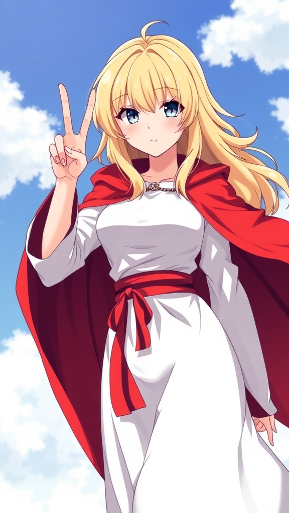 anime blonde girl peace sign, white robe, red cape, flat chest, flat chested