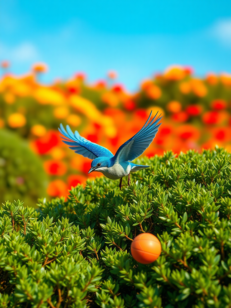 A realistic 4K scene of a Blue Bird flying low, gracefully maneuvering around bushes in a colorful garden while searching for a lost ball. The bird is depicted in vibrant detail, showcasing its feathers as it flits between the greenery, capturing the essence of determination and playfulness in this joyful moment.