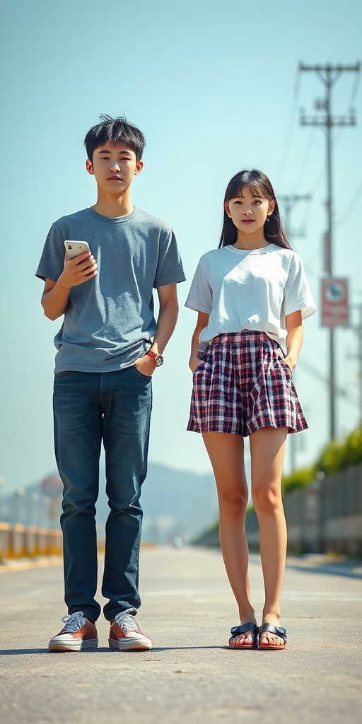 A realistic photo of a 14yo teen boy and girl. Japanese. Long legs. Full length view.