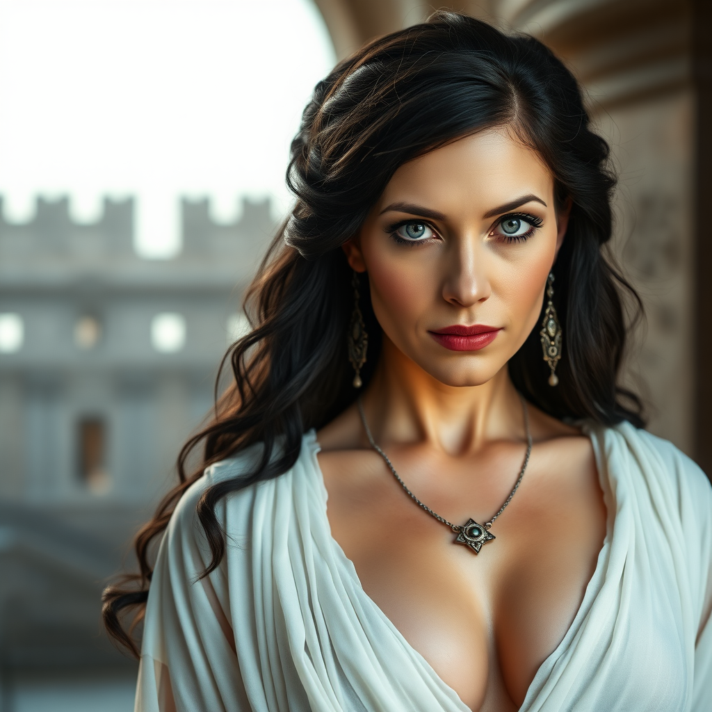 The female queen, aged 40, possesses pale skin complemented by striking grey eyes and a seductive gaze, with black Greek-style hair that frames her youthfully smooth visage with subtle wrinkles. Her attire consists of a sheer, white, low-cut Roman garment that exposes her ample bosom, allowing the skin of her breasts to peek through the fabric. She adorns herself with elegant earrings and a necklace, exuding a captivating MILF allure within the grandiose setting of a majestic castle, all captured under the dramatic flair of cinematic movie lighting and presented with ultra-high-definition 8k photographic detail.