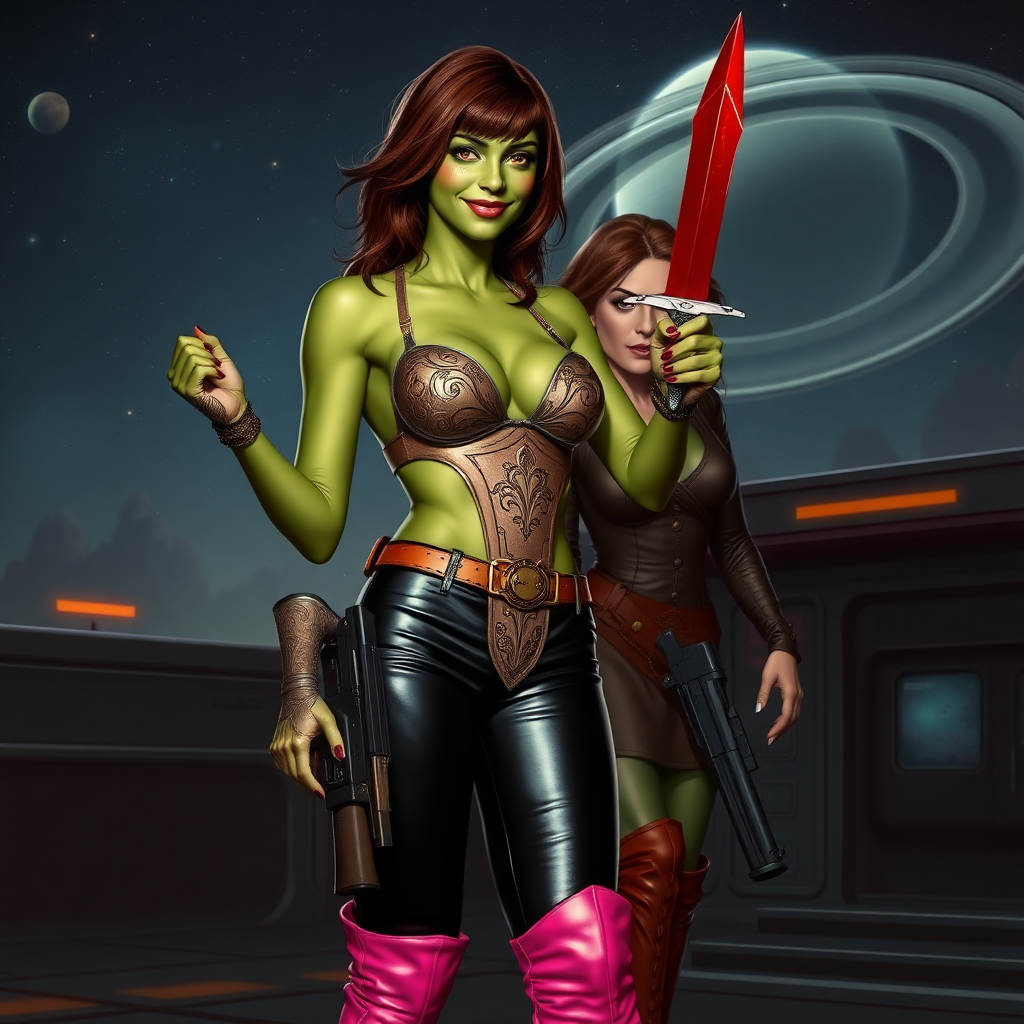 Tall, beautiful green skinned woman. Her brown hair is in a shag-cut style. Her eyes are gold. She is dressed in an ornate metal bra. She is wearing black leather pants, with pink knee high boots. She is holding a large, bloody dagger in a threatening manner. She is smiling. A sci-fi looking gun is holstered at her hip. She is at a sci-fi space-port. An older, beautiful green skinned woman with brown hair, dressed in a similar outfit, is standing with her. A ringed planet is in the night sky.