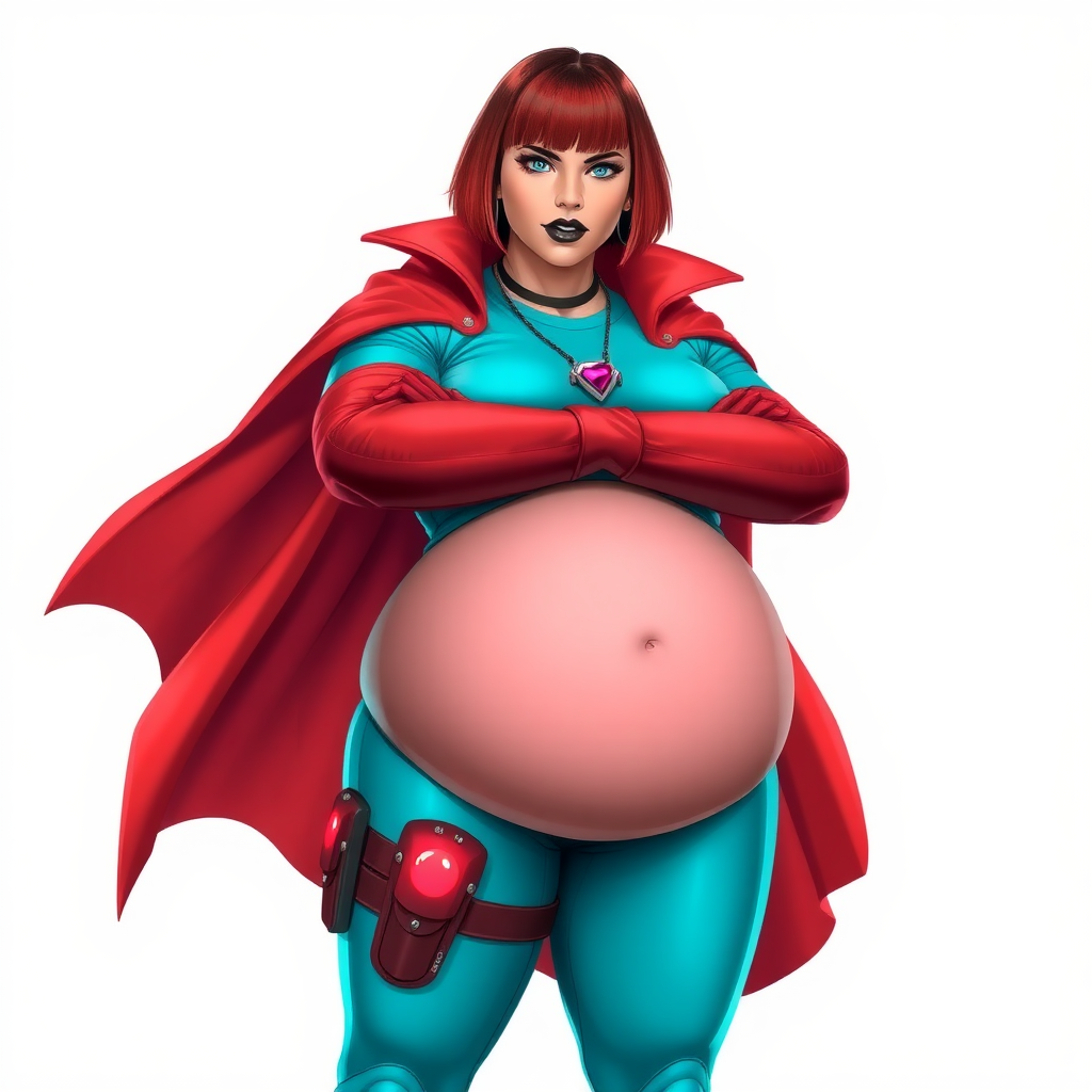 A 26-year-old, full-figured, mystical vigilante detective becomes the heavily pampered mystical ally of her cyberpunk vigilante older brother figure. She has a bright red bob cut, black lipstick, and piercing bright blue eyes. She has a new non-athletic build, now highlighted by a prominent, round, gargantuan midsection (fully focused on her gargantuan belly), which shows the aftermath of her new pampered lifestyle. Despite her pampered physique, she shows full confidence. She wears a biker suit consisting of an enormous, magical, tight-fitting, maximum turquoise t-shirt (accentuating and emphasizing her gargantuan belly), maximum turquoise biker pants, complemented by a glowing neon red cape, a mystical ruby amulet (which is the source of her mystical powers), and magical red gloves glowing neon red. Her stance is firm and resolute, arms crossed, exuding a no-nonsense attitude. Her costume reflects the influence of DC New 52 Prime Earth’s Phantom Lady, Jennifer Knight, while her pose embodies the moral ambiguity and determination reminiscent of DC’s Pax Americana’s The Question. She is on a solid white background. She is drawn as if she was in a retro 2D cyberpunk fighting game. She is clearly non-athletic, with a focus on her full-figured physique (especially her gargantuan belly). Make sure that her t-shirt covers all of her bare skin (especially her gargantuan midsection).