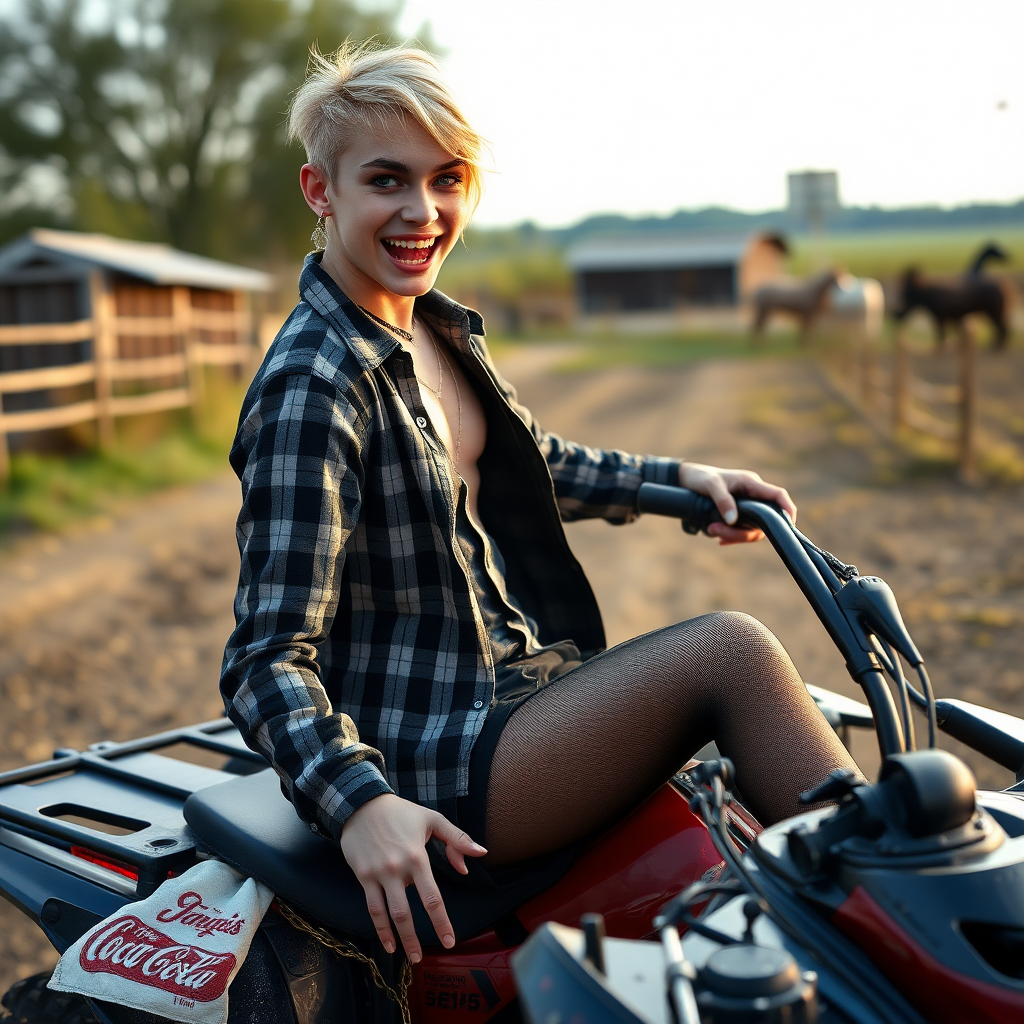 photorealistic, ultra high resolution, 16K, surreal fantasy, soft studio lighting, Tyler Swift is a pretty 14 year old goth male, slim male physique, blonde hair, blue eyes, vampire long canine teeth, goth makeup, earrings, glittering black pantyhose, stilettos, checked shirt, spikey neck collar chain, riding a quadbike on a farm during daytime, excited open mouth smile, bulging crotch, full body in wide view from side with Tyler facing the camera.