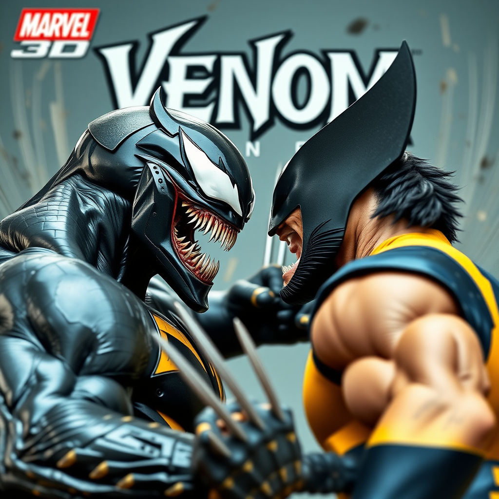 On a comic book cover is Venom Vs Wolverine in Cinematic Real3d photo-realistic quality.