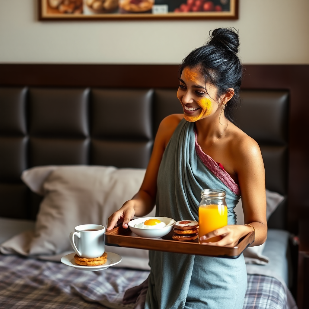 slim, 30 year old, sexy, indian wife, wet hair bun, face veil, turmeric face mask. She is smiling and serving breakfast on a tray on bedside table.