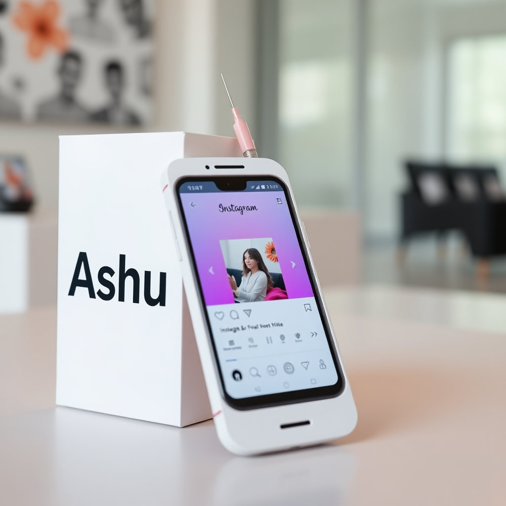 A close-up straight front view of a mobile phone in the shape inspired by a syringe, white pink futuristic, kept for sale leaning to a box with text Ashu and minimal design, in showroom, metallic body, touchscreen phone with Instagram page open on screen, needle on top, whitepunk.