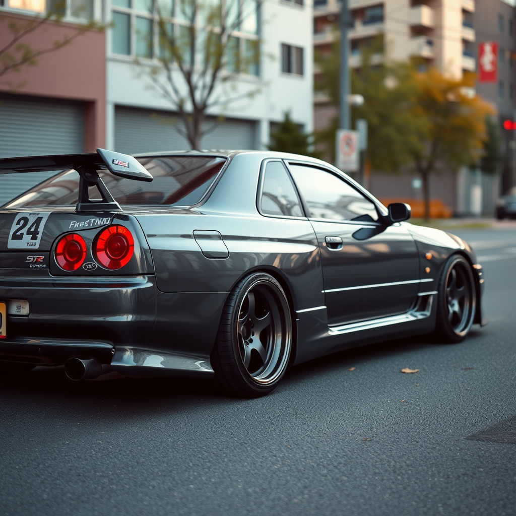 The car is parked on the side of the road, inspired by Taiyō Matsumoto, tumblr, restomod, nd4, c4 metallic shine gray black nissan skyline r34 kalabalik tokyo gece arkaplan