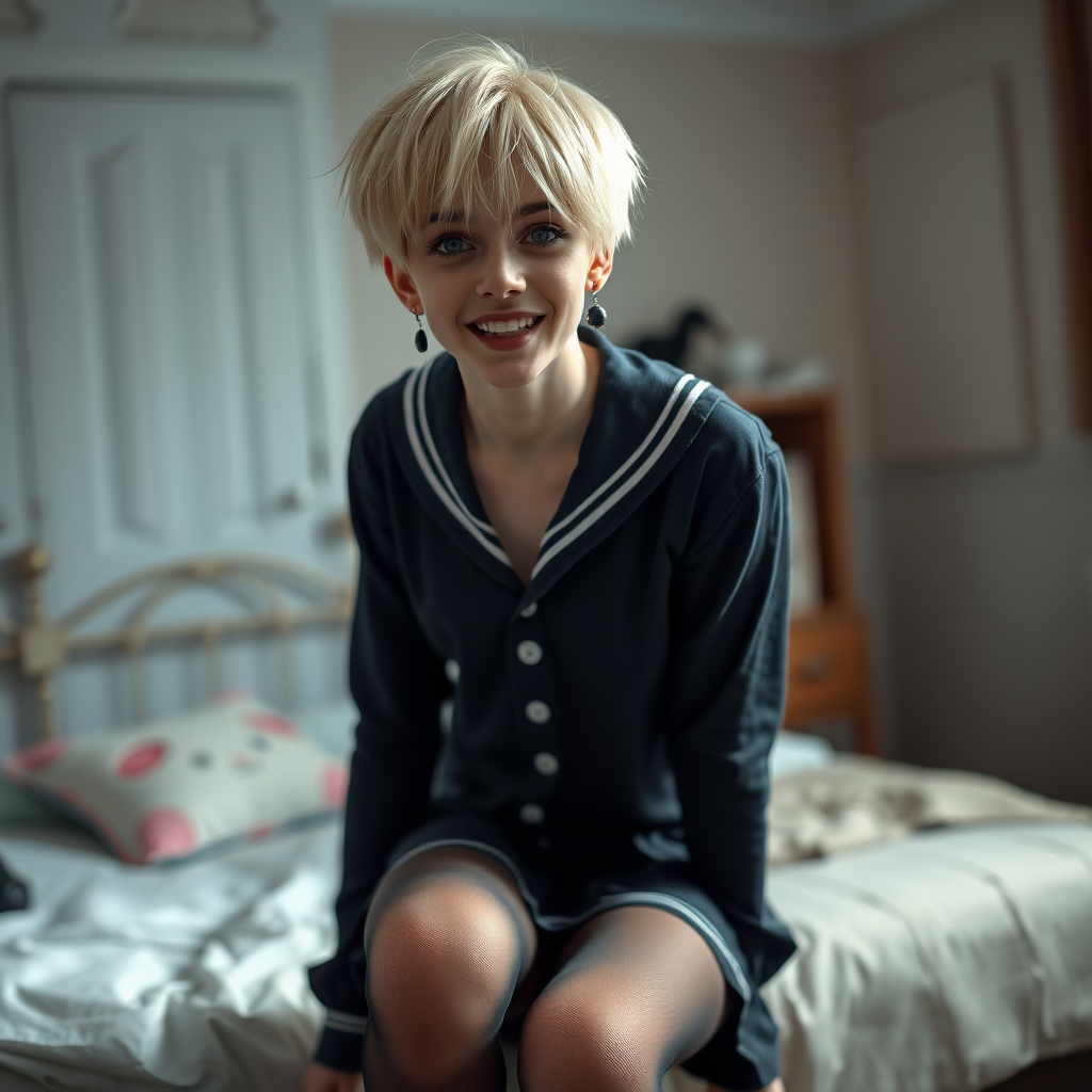 photorealistic, ultra high resolution, 16K, surreal fantasy, soft studio lighting, a pretty 16 year old goth male, slim male physique, short blonde hair, goth makeup, earrings, sheer black pantyhose, UK girls-school uniform, Mary-Jane shoes, in the bedroom - , excited smile, facing the camera.