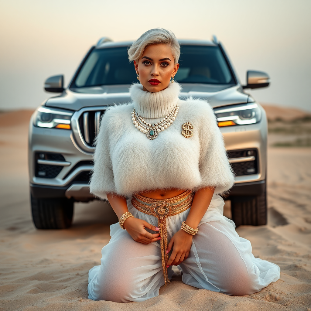 Kuwait desert dunes misty dawn, full size luxury SUV: Melissa, European 17 years old very convincing femboy “trophy-bimbo”, tamed servile docile, very beautiful feminine flawless face, rather short, by hormones very curvaceous womanly figured, platinum blond short tight curls, bold red lips, heavily made-up face, wearing Supertanya-style fluffy very fuzzy bright white angora turtleneck-poncho cropped ending under bust decorated with pearls and gemstones, striking oriental wide gold bridal protection belt, white fully transparent harem pants, full Oriental bridal jewelry, full Oriental face-jewelry, coin anklets, striking diamond “$$$” letter brooch on left chest, pout frustrated, hands tied behind back, kneeling in sand in front of SUV, looking at camera. Focus on face and turtleneck-poncho.