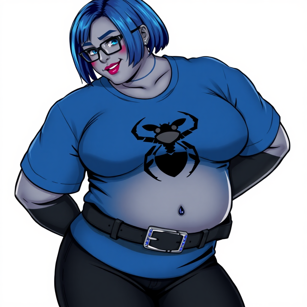 A 28-year-old, full-figured, metallic middle gray skinned computer program hybrid with a short maximum blue bob cut. She has a non-athletic build, highlighted by a prominent, round midsection (with a focus on her round belly). As a digital sidekick to her cyberpunk vigilante boyfriend, her middle gray metallic skin and maximum blue lipstick emphasize her digital nature. She wears a large, tight-fitting, maximum blue t-shirt (accentuating her belly) with a black chest icon of a beetle on its chest, black pants, a black belt with a sapphire scarab buckle, and black gloves. Her bright blue eyes, black eyeglasses, and shy smile with neon red blush accentuate her nerdiness. She bashfully bows her head with her hands behind her back, her t-shirt covering her midsection (especially her belly) and emphasizing her full-figured, non-athletic physique. She is on a solid white background. She is drawn as if she was in a retro 2D cyberpunk fighting game. She is clearly non-athletic, with a focus on her full figure. Make sure her t-shirt covers her midsection (especially her belly).