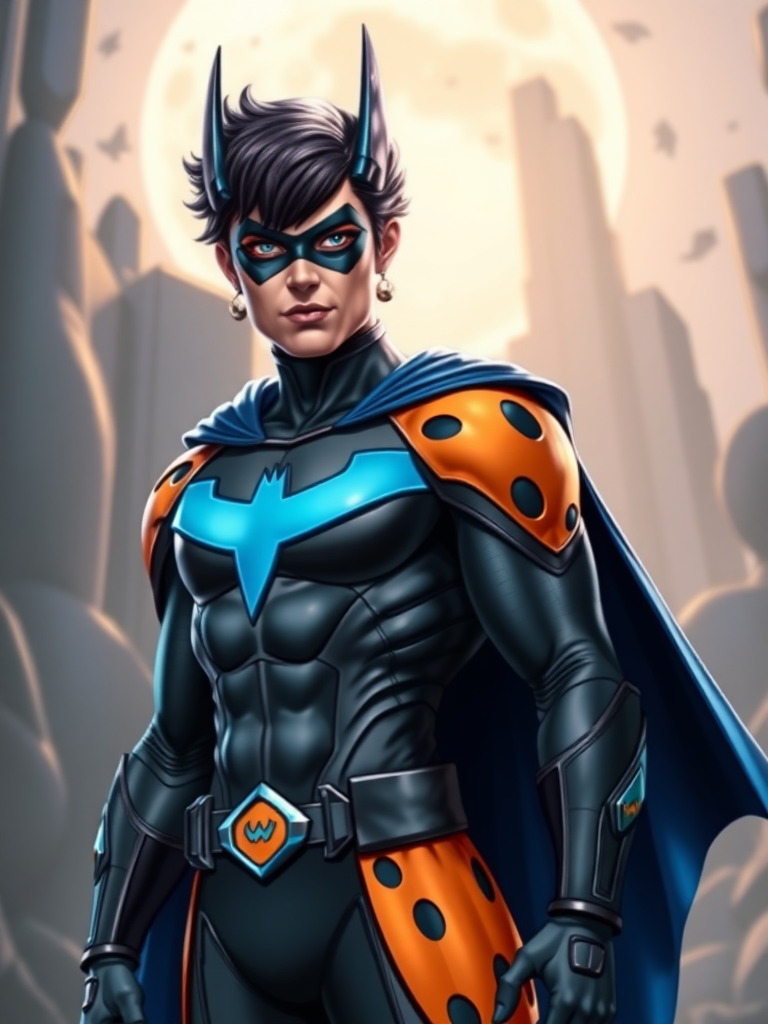 Full-length rendered image of Nightwing, incorporating Wilma Flintstone's physique while retaining Nightwing's head, iconic hairstyle, and distinct facial features. The costume should be primarily Nightwing's, but seamlessly integrate embellishments from Wilma Flintstone's attire, adjusting for the new proportions. The background should be a cohesive blend of elements drawn from both Nightwing and Wilma Flintstone's respective universes, creating a harmonious fusion.