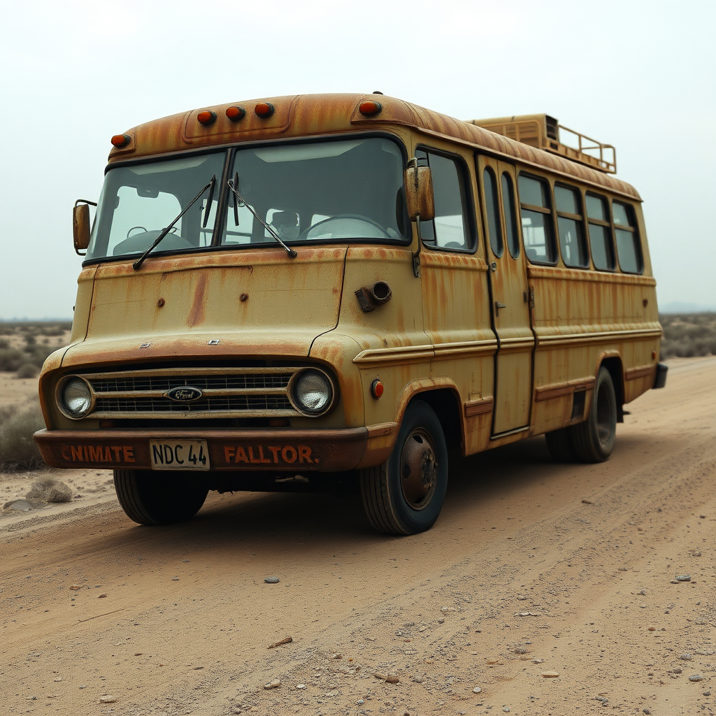 Ford Falcon Mad Max post-apocalyptic dust rusty zombie the bus is parked on the side of the road, inspired by Taiyō Matsumoto, tumblr, restomod, nd4, c4