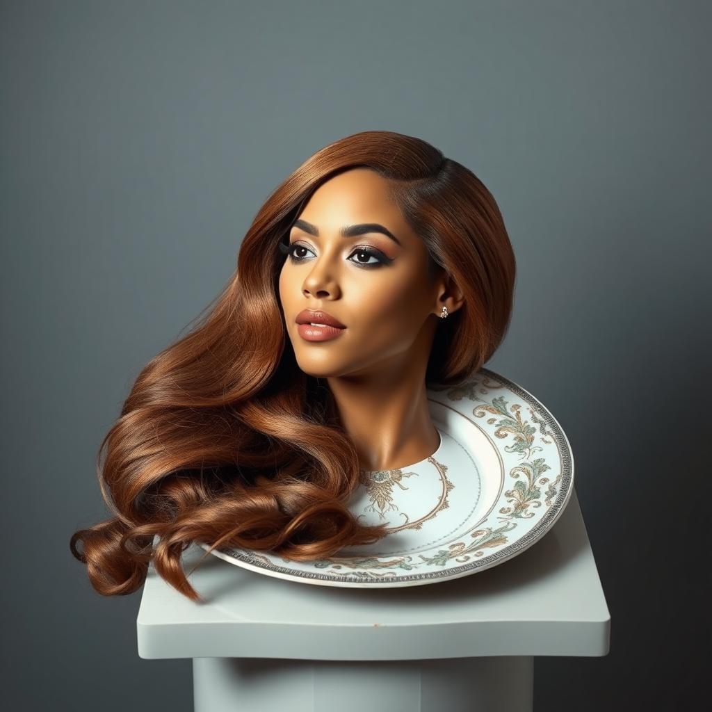 In a surreal and striking scene, the elegantly styled disembodied head of a stunningly beautiful Beyoncé rests gracefully on an ornate, luxurious plate, which is carefully placed on a simple, understated table. Her very long, flowing hair cascades like a rich waterfall of silky, rich brown locks, framing her exquisite face and accentuating her radiant, flawlessly glowing skin. The delicate contours of her chin rest lightly against the polished surface of the plate, lending an unexpected intimacy to the bizarre presentation. 

The background is a muted, plain gray, casting an air of modern minimalism that contrasts dramatically with the lavishness of her appearance. Soft shadows play across her features, highlighting the subtle high cheekbones and perfectly shaped lips, which seem poised for a soft smile. The atmosphere feels both elegant and eerie, inviting intrigue and contemplation as viewers are drawn into this surreal artistic tableau, where beauty and the absurd collide in unexpected harmony.