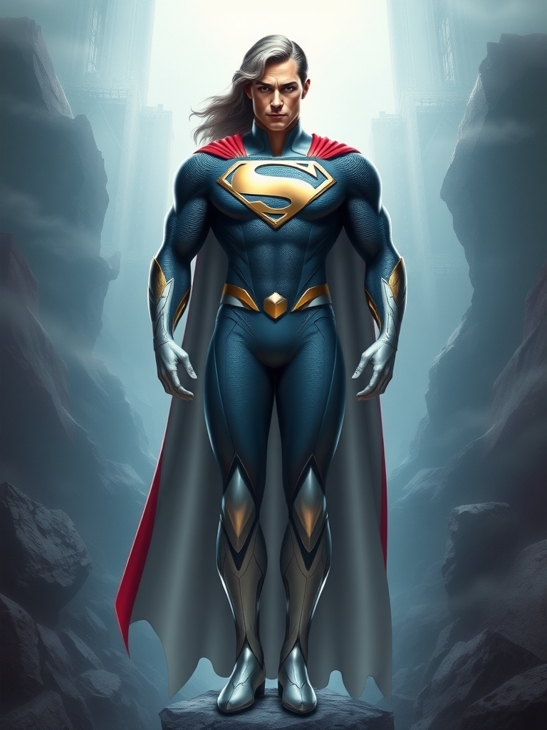 Create a full-length image of a character inspired by Superman with the body type of Emma Frost. Retain Superman’s head but modify the body to reflect Emma’s physique, incorporating her elegant features. Add embellishments or elements from Emma Frost's costume to enhance the design. The background should blend elements from the Superman universe and Emma Frost's world, creating a harmonious setting that complements both characters. Aim for a dynamic and visually appealing composition that showcases the unique traits of both characters while maintaining their recognizable features.