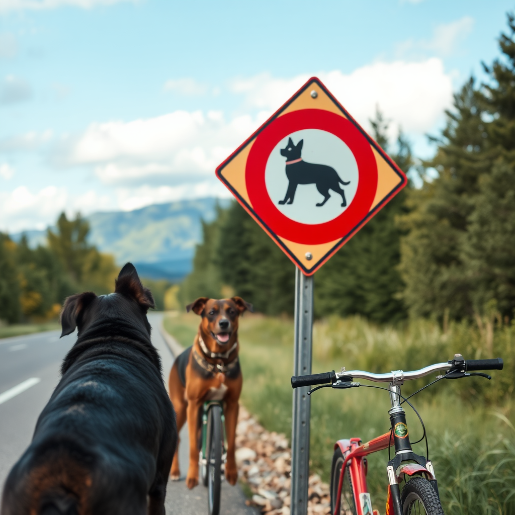 dogs cats on bikes road sign