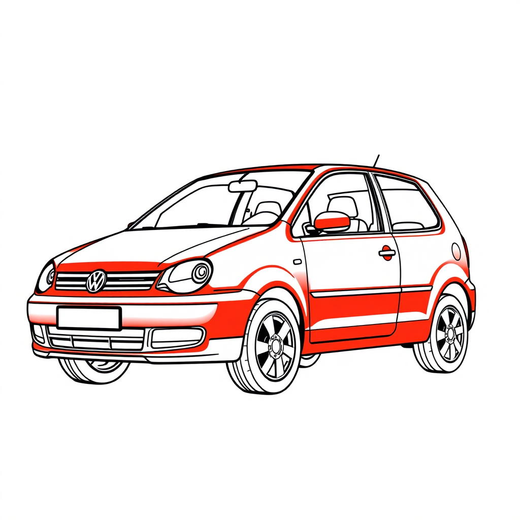 3 door red vw polo II car, long establishing shot, 2D, caricature, cartoon, Sketch lines, coloring book, coloring book style on white background, well composed, clean coloring book page, No dither, no gradient, strong outline, No fill, No solids, vector illustration, realistic proportions, left side view