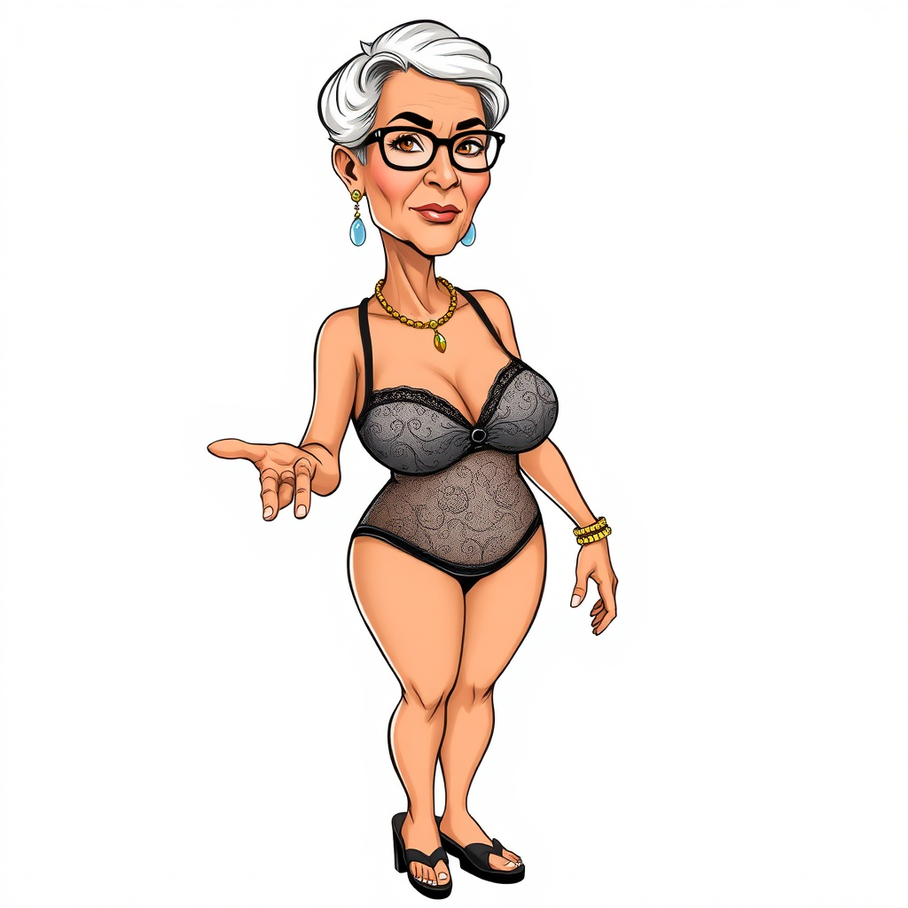 a towering 55 Years old, fit, slim, European, Latina, sharp aquiline nose, wrinkles, high cheekbones, Middle Eastern, Skinny, Tanned skin, Dark light skin, Rounded Medium breasts, Skinny thighs, full Makeup, jewelry, Serious face, Sharp nose, Ash hair, short bowl haircut, Brown eye color, Glasses, with detailed features. she is wearing embroidered black mesh balconette bras and a tight white high cut 1980s mesh cut out swimsuit, detailed fabric. full body, high heels sandals, she is gesturing at the viewer, sweating, 
long establishing shot, 2D, caricature, cartoon, Sketch lines, coloring book, nlack and white, coloring book style on white background, well composed, clean coloring book page, No dither, no gradient, strong outline, No fill, No solids, vector illustration, realistic proportions