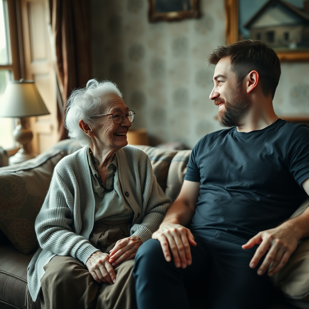 In a scene viewed from an angle and slightly above: In an old-fashioned English living room, a very frail, small and thin, very old and elderly English lady with an ugly face, kind smile, short, thinning white curly hair, wrinkled face, neck and skin, wearing thin framed glasses, an old cardigan, blouse and long skirt is sitting on a sofa with an English man about 40 years old, grey stubble on his chin, brown hair, sitting close next to her on the same sofa, wearing a black T-shirt and dark blue jeans. The man and woman are smiling at each other. The woman is looking at the man's eyes and smiling. The man is looking at the woman's eyes and smiling.