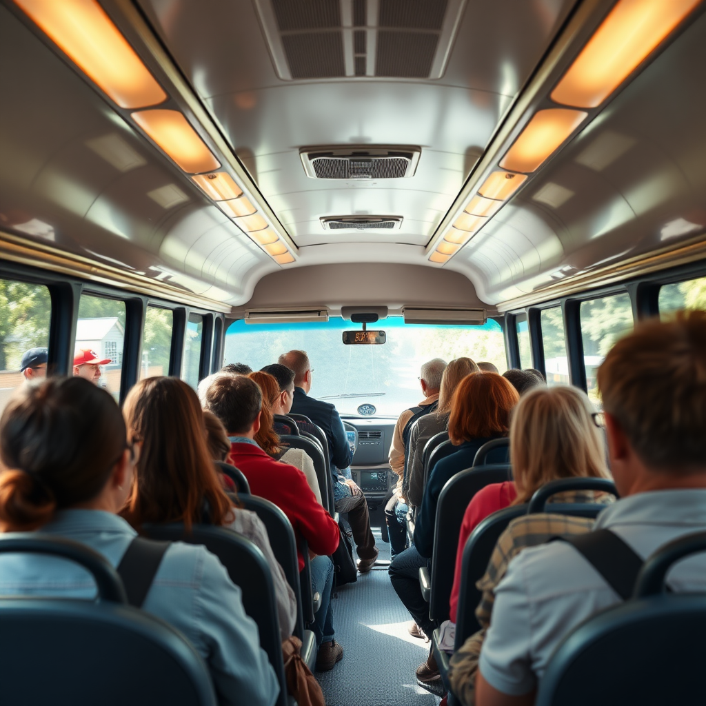 create a photo realistic image of people in a tour bus. They are pictured from the back. Make the image rectangle and not square