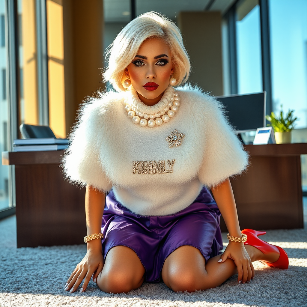 Sunny spring morning, modern glass-steel-concrete office, kneeling on fluffy carpet in front of CEO’s desk: Kimberly, 19 years old very convincing femboy “trophy-bimbo”, tamed servile docile, very beautiful feminine flawless face, rather short, by hormones very curvaceous womanly figured, platinum blond short tight curls, bold red lips, long white French nails, heavily made-up face, wearing Supertanya-style fluffy very fuzzy bright white angora turtleneck-poncho cropped ending under bust decorated with pearls and glass stones, purple vinyl pleated mini-skirt, bright red pumps with golden very high heels, white pearl belly piercing, large pearl earrings, striking diamond “KIMBERLY” letter brooch on left chest, thick heavy pearl wristlets, pearl anklets, pout frustrated, leaning forward hands on carpet presenting her assets, looking at camera. Focus on face and turtleneck-poncho.