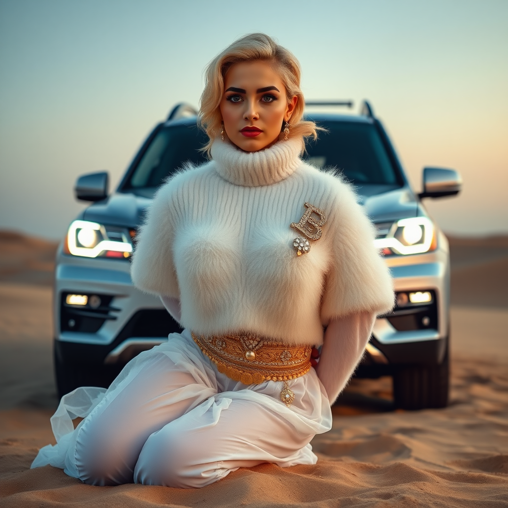 Kuwait desert dunes misty dawn, full size luxury SUV: Melissa, European 17 years old very convincing femboy “trophy-bimbo”, tamed servile docile, very beautiful feminine flawless face, rather short, by hormones very curvaceous womanly figured, platinum blond short tight curls, bold red lips, heavily made-up face, wearing Supertanya-style fluffy very fuzzy bright white angora turtleneck-poncho cropped ending under bust decorated with pearls and gemstones, striking oriental wide gold bridal protection belt, white fully transparent harem pants, full Oriental bridal jewelry including headpiece, nose-ring, coin anklets, striking diamond “Bimbo” letter brooch on left chest, pout frustrated, hands tied behind back, kneeling in sand in front of SUV, looking at camera. Focus on face and turtleneck-poncho.