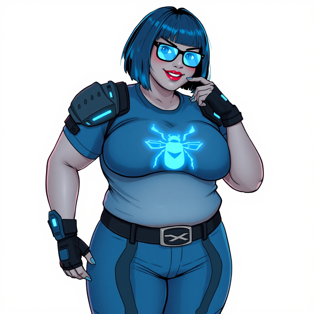 A 28-year-old, full-figured, metallic light neutral gray (N7) skinned computer program hybrid with a maximum blue bob cut. She has a non-athletic build, highlighted by a prominent, round, large midsection (with full emphasis on her large belly), which shows the effects of her love of junk food acquired from her boyfriend. As the full-figured, nerdy, digital sidekick to her cyberpunk vigilante boyfriend, her metallic light neutral gray skin and maximum blue lipstick (5PB 5/12) emphasize her digital nature. Her skin has a subtle, animated glow, with digital patterns occasionally flickering across it, making her digital nature obvious. She wears a digital, computerized costume, consisting of a huge, tight-fitting, maximum blue t-shirt (5PB 5/12) with a neon blue glowing chest icon of a beetle, hi-tech shoulder pads with neon blue accents, a black hi-tech belt with a digital neon blue glowing buckle, digital maximum blue biker pants (5PB 5/12) with neon blue accents, and black hi-tech fingerless biker gloves with neon blue glowing accents. Her neon blue glowing eyes, black eyeglasses with neon blue glowing lenses equipped with a built-in HUD, and bashful smile with neon red blush accentuate her nerdiness. She stands bashfully with one hand behind her back and the other hand gently touching her cheek, her costume covering all her skin and fully emphasizing her full-figured physique (especially her large belly). She is clearly non-athletic, with a full focus on her full-figured physique. Despite her build, she radiates beauty. She has a slim face compared to her physique, accentuating her radiant beauty. She is on a solid white background. She is drawn as if she were in a retro 2D cyberpunk fighting game.