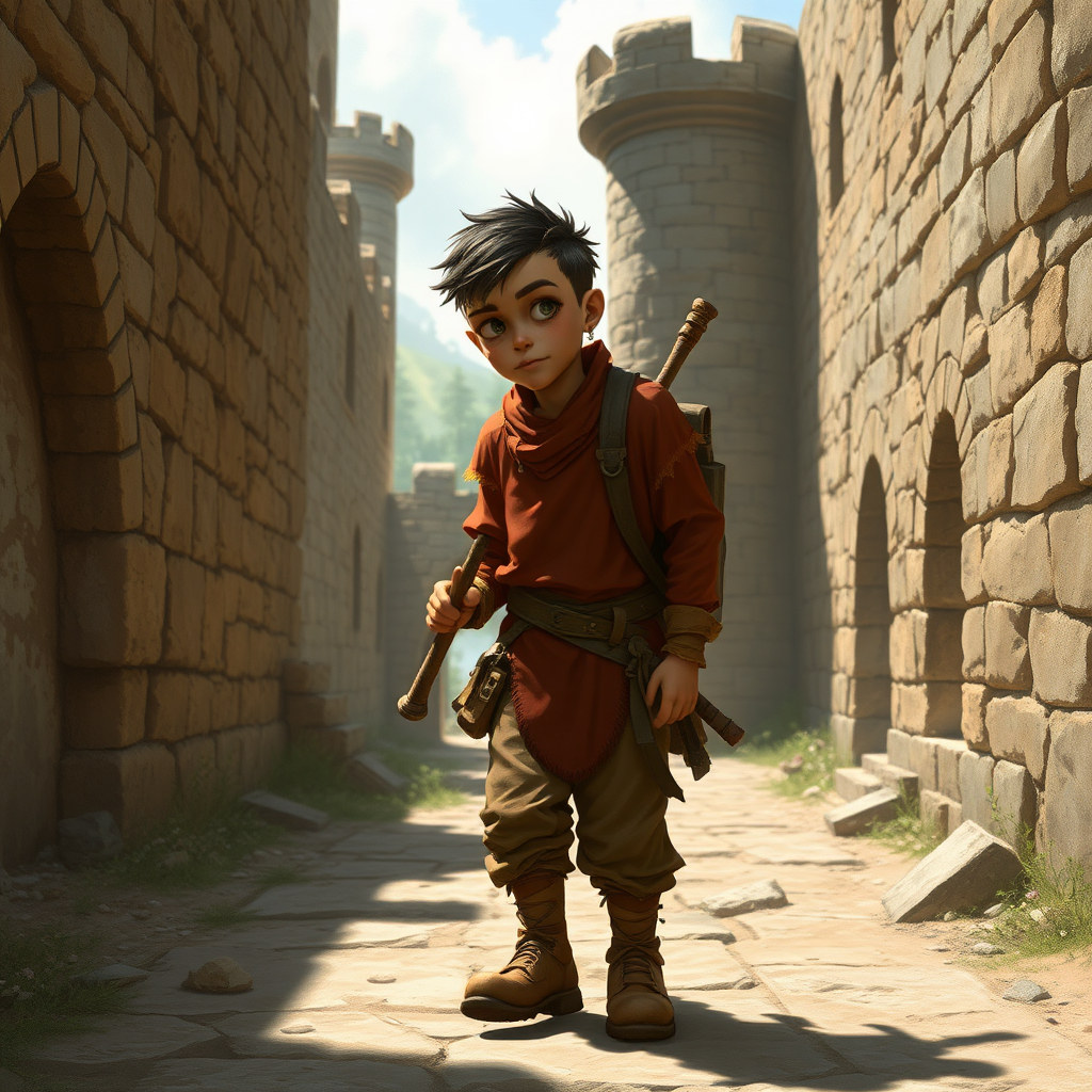 A small, skinny, light brown kobald in a tattered red tunic and dirty brown pants wearing a quaterstaff on his back as he walks through a ruined castle