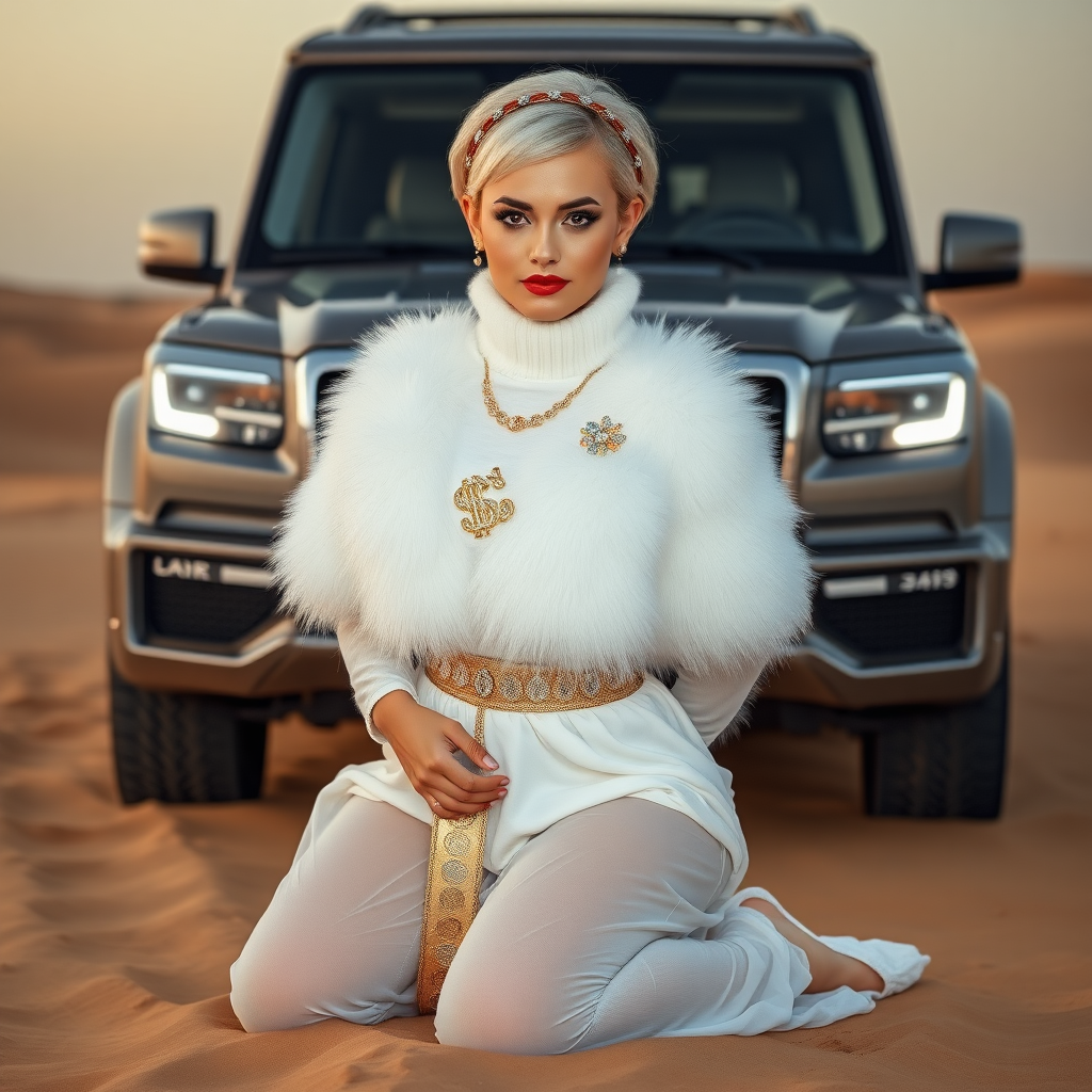 Kuwait desert dunes misty dawn, full size luxury SUV: Melissa, European 17 years old very convincing femboy “trophy-bimbo”, tamed servile docile, very beautiful feminine flawless face, rather short, by hormones very curvaceous womanly figured, platinum blond short tight curls, bold red lips, heavily made-up face, wearing Supertanya-style fluffy very fuzzy bright white angora turtleneck-poncho cropped ending under bust decorated with pearls and gemstones, striking oriental wide gold bridal protection belt, white fully transparent harem pants, full Oriental bridal jewelry including headpiece, nose-ring, coin anklets, striking diamond “$$$” letter brooch on left chest, pout frustrated, hands tied behind back, kneeling in sand in front of SUV, looking at camera. Focus on face and turtleneck-poncho.