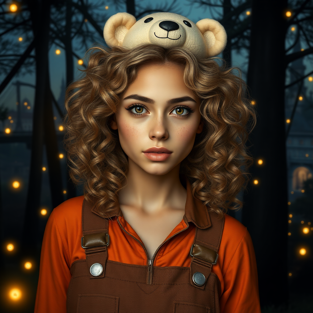 Create a realistic, detailed image of a 25-year-old woman with olive skin. Her eyes are amber and orange in color. Her hair is voluminous and curly to her shoulders. She has delicate features and her face is strong and cute at the same time. She wears a brown jumpsuit and an orange blouse underneath. She has freckles on her face. It's in the middle of a dark forest, lit by fireflies that glow softly. In the background, a city with fantastic architecture, giving a magical touch to the scene. The image must be extremely realistic, capturing every detail with precision and 8k quality. It looks like a photograph. Extremely realistic. 25 years old. She wears a bear clip on her head. Beautiful. Beautiful. Extremely realistic. Beautiful appearance. Shiny golden blonde hair.