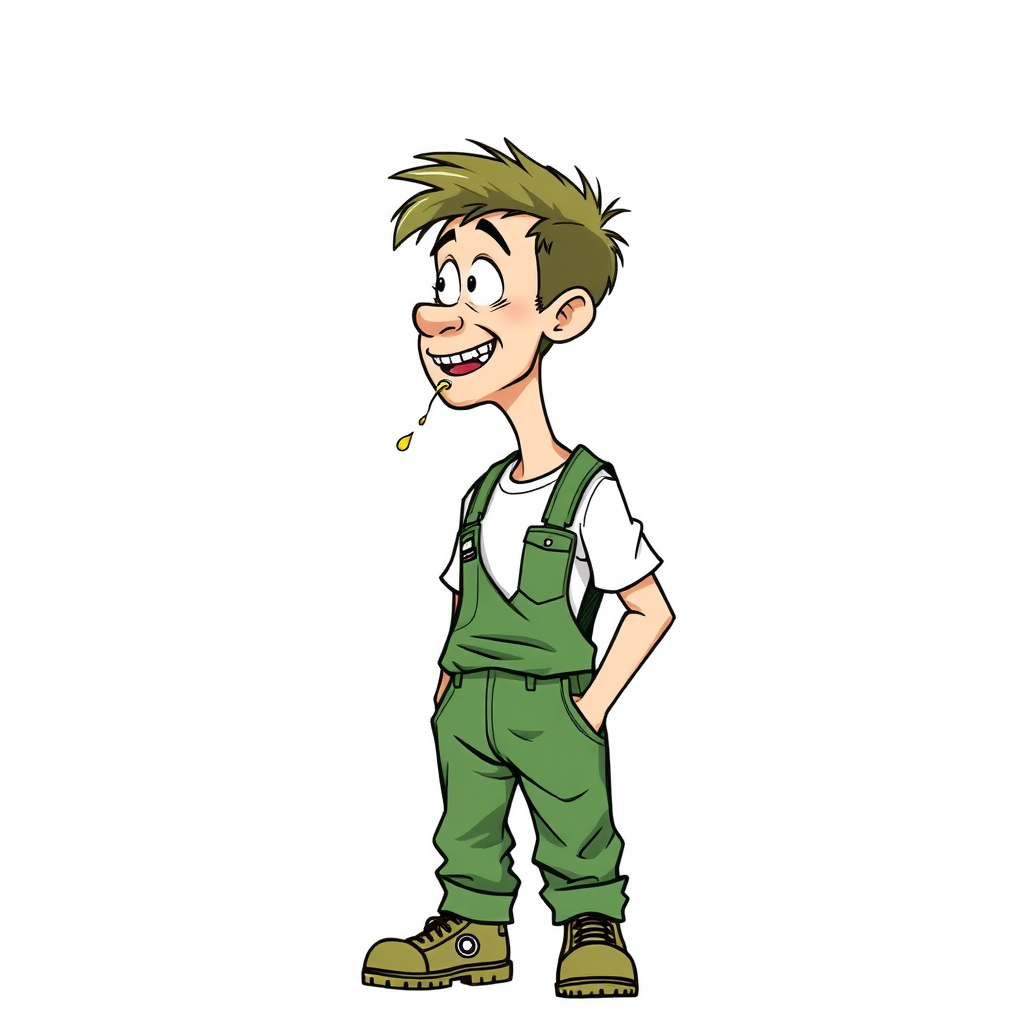 nervous small 15 year old european skinny man, long sleeves green rolled down coveralls, tense fabric, white t-shirt, standing, stunned, mesmerized, joyful, heavy drooling, heavy round stuff in his pocket, side view, safety shoes, detailed feet, 2D, caricature, cartoon, Sketch lines, coloring book, coloring book,