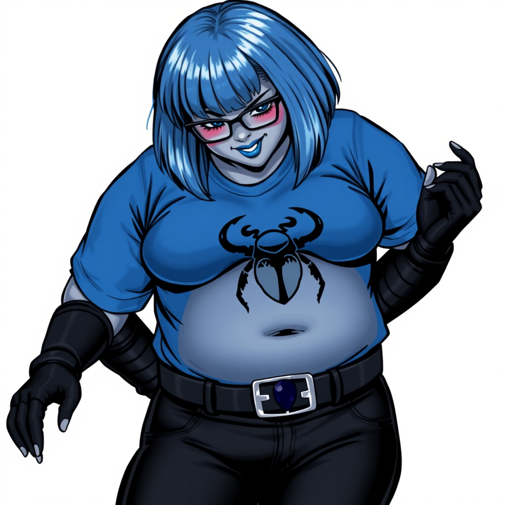 A 28-year-old, full-figured, metallic middle gray skinned computer program hybrid with a maximum blue bob cut. She has a non-athletic build, highlighted by a prominent, round midsection (with a focus on her belly). As a digital sidekick and computer hacker to her cyberpunk vigilante boyfriend, her middle gray metallic skin and maximum blue lipstick emphasize her digital nature. She wears a tight-fitting, maximum blue t-shirt (accentuating her belly) with a black chest icon of a beetle on its chest, black pants, a black belt with a sapphire scarab buckle, and black gloves. Her bright blue eyes, black eyeglasses, and shy smile with neon red blush accentuate her nerdiness. She bashfully bows her head with her hands behind her back, her t-shirt covering her midsection (especially her belly) and emphasizing her full-figured, non-athletic physique. She is on a solid white background. She is drawn as if she was in a retro 2D cyberpunk fighting game. She is clearly non-athletic, with a focus on her full figure. Make sure her t-shirt covers her midsection (especially her belly).