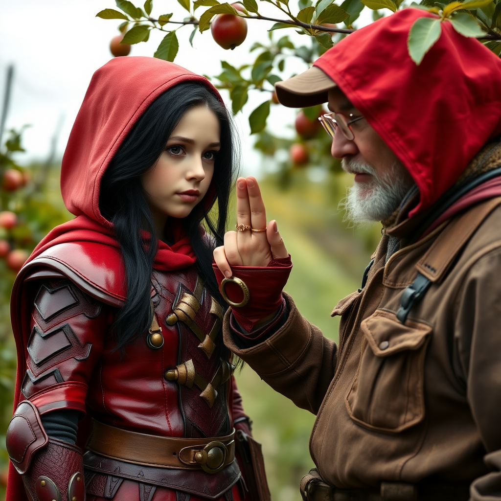 A photo realistic girl with black hair and brown eyes in red leather armor and a red hood holding up a gold finger ring to an old man in dirty work clothes while standing in an apple tree orchard.