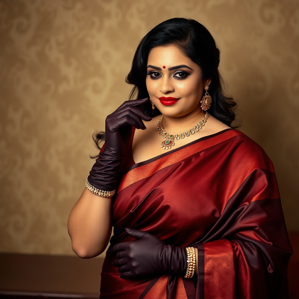 Pov: Curvy mature Indian woman wearing a saree dress, long opera gloves, low-angle