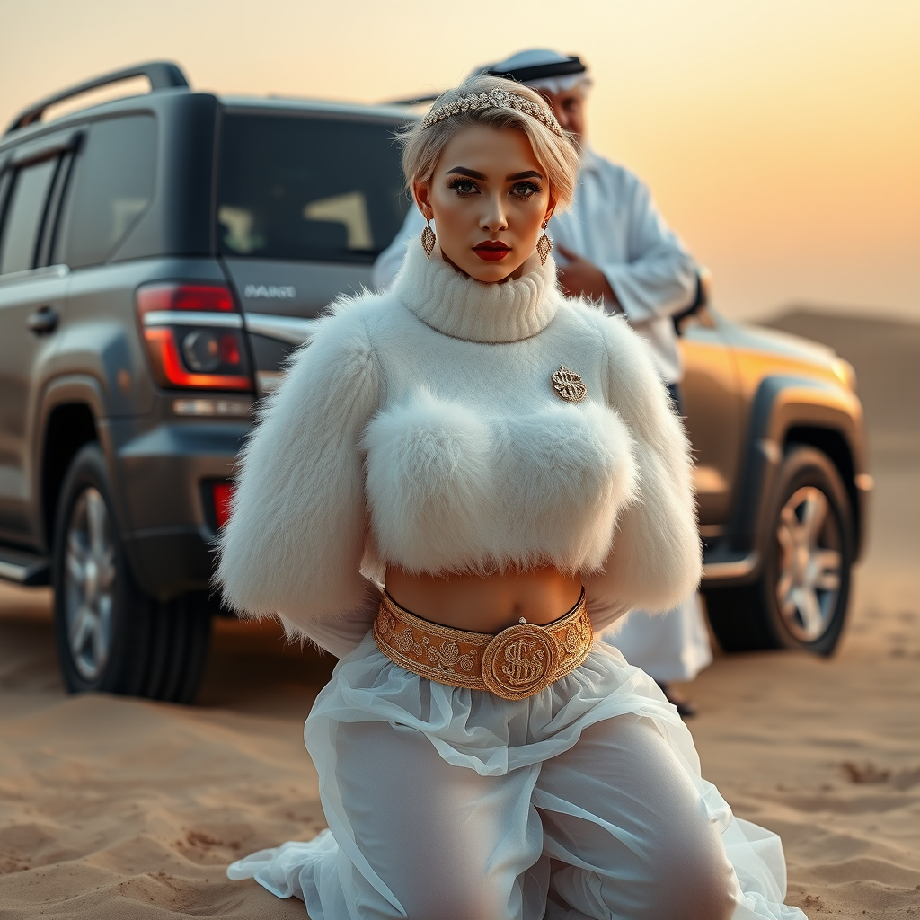 Kuwait desert dunes misty dawn, full size luxury SUV: Melissa, European 17 years old very convincing femboy “trophy-bimbo”, tamed servile docile, very beautiful feminine flawless face, rather short, by hormones very curvaceous womanly figured, platinum blond short tight curls, bold red lips, heavily made-up face, wearing Supertanya-style fluffy very fuzzy bright white angora turtleneck-poncho cropped ending under bust decorated with pearls and gemstones, striking oriental wide gold bridal protection belt, white fully transparent harem pants, full Oriental bridal jewelry including headpiece, nose-ring, coin anklets, striking diamond “$$$” letter brooch on left chest, pout frustrated, hands tied behind back, kneeling in sand in front of SUV, looking at camera. Focus on face and turtleneck-poncho. Standing behind Melissa: older overweight tall proud sheik, approvingly patting Melissa.