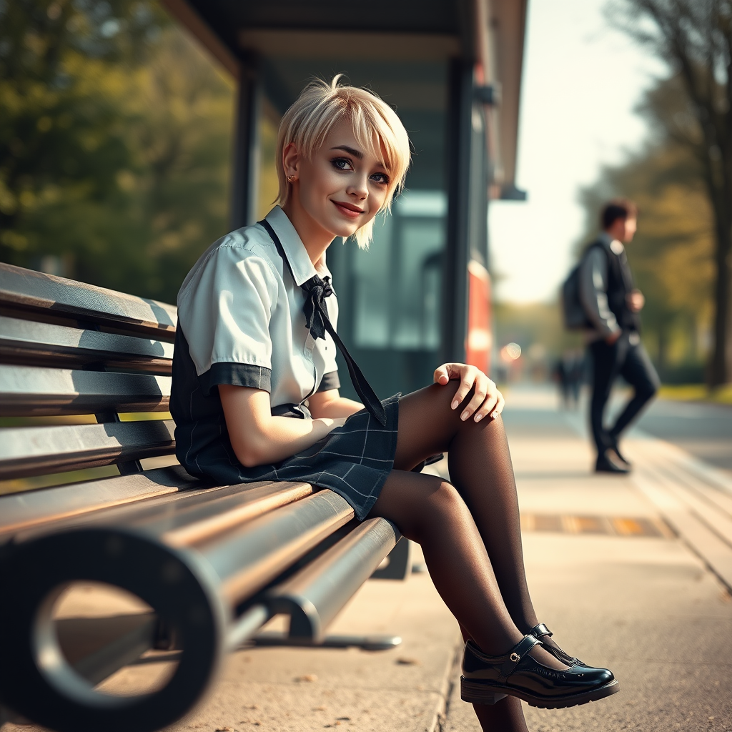 photorealistic, ultra high resolution, 16K, surreal fantasy, soft studio lighting, a pretty 18 year old goth male, slim male physique, short blonde hair, goth makeup, earrings, shiny black pantyhose, UK girls-school uniform, Mary-Jane shoes, sitting on a bench waiting for the school bus, in daylight, excited smile, facing the camera.