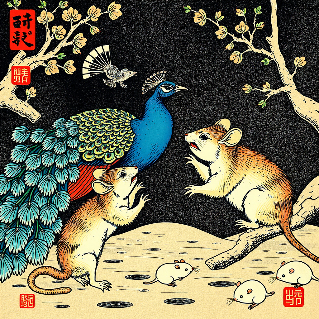 A peacock fighting rats, Chinese woodcut