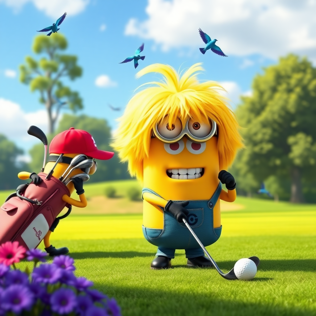 A minion from "Despicable Me" is playing golf on a beautiful golf course. He has a big bright yellow wig of hair. Another minion wearing a red ballcap is carrying his golf bag with the golf clubs in it. There are bluebirds and sunshine and the scene is beautiful and peaceful.