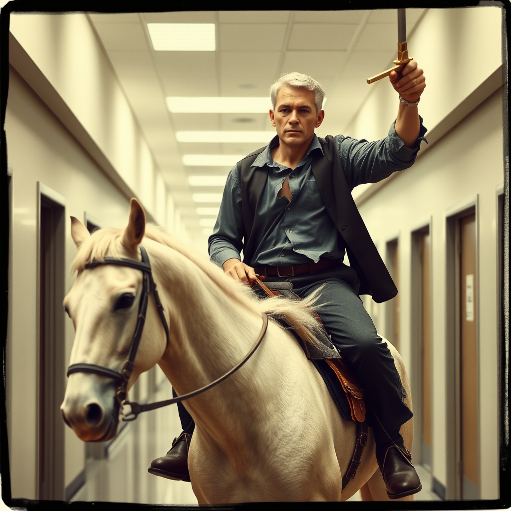 Polaroid, vsco filter, photo realistic Pat Gelsinger riding a horse, holding a rapier in the air. Pat is an older thin male with short gray hair. Pat is wearing a ripped and torn dress shirt. The horse is riding through the halls of a corporate office.