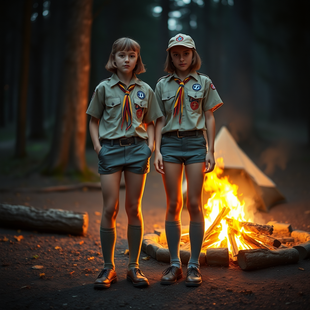 two tall 14yo teen boys, long bob cut, wearing American boy scout uniform with uniform matching very tight booty shorts, tube socks, shoes, cap, long legs, narrow thighs. a campfire. full-length view. 1980s. photorealistic, ultra high resolution, 16K, Negative: grainy, blurry, bad anatomy, extra limbs, watermark.