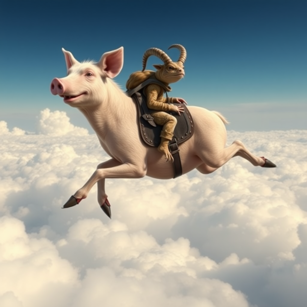 photorealistic image of two animals. The first animal is like a pig, but it's slim and has legs with claws like an eagle. The first animal has a saddle and is galloping in the sky. The first animal smiles stupidely. The second animal rides the first animal. The second animal is like a toad but its slim and has horns like a wild sheep (mouflon). The second animal also has teeth in his mouth. The scene is the cloudy sky above the Moon surface.