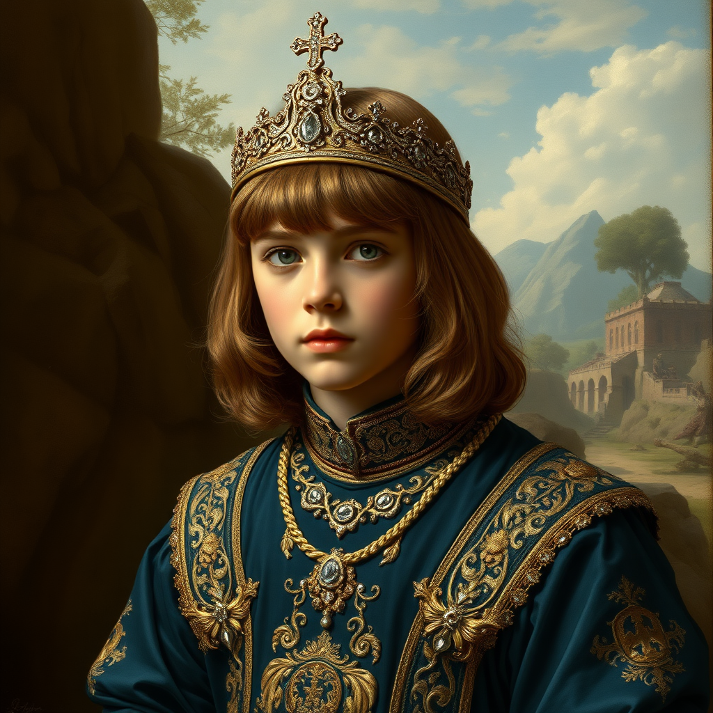 16yo teen boy prince, long bob cut, embroidered with gold and diamonds medieval cloths, diamond diadem, and Beautiful War. Free style by Adolphe William Bouguereau Academic realism. The background is in the style of landscape style by Antonio del Polaiolo, Generating the signature at the bottom: Viva FLUX & Bach, ultra high resolution, 16K,