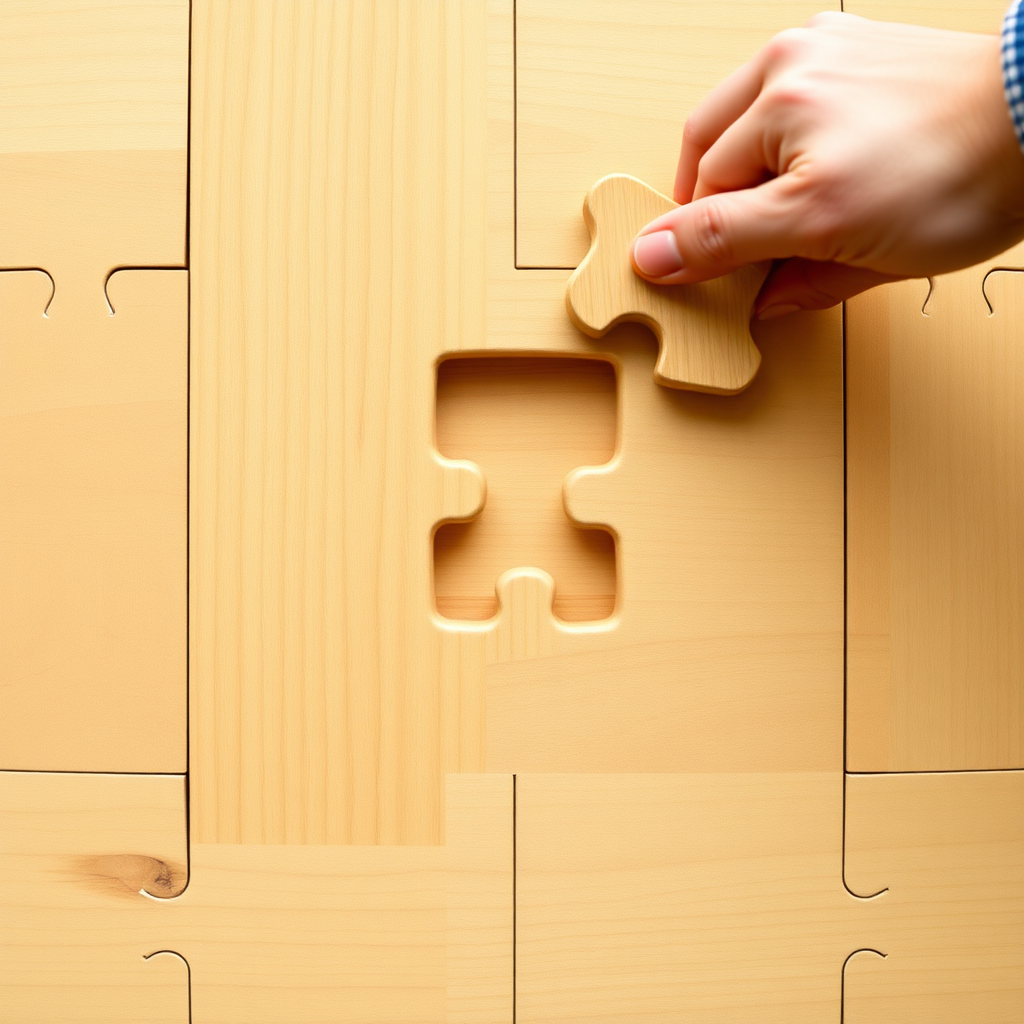 Create an image of a wooden puzzle, missing one piece. Someone is trying to connect a piece that doesn't fit in the missing spot.