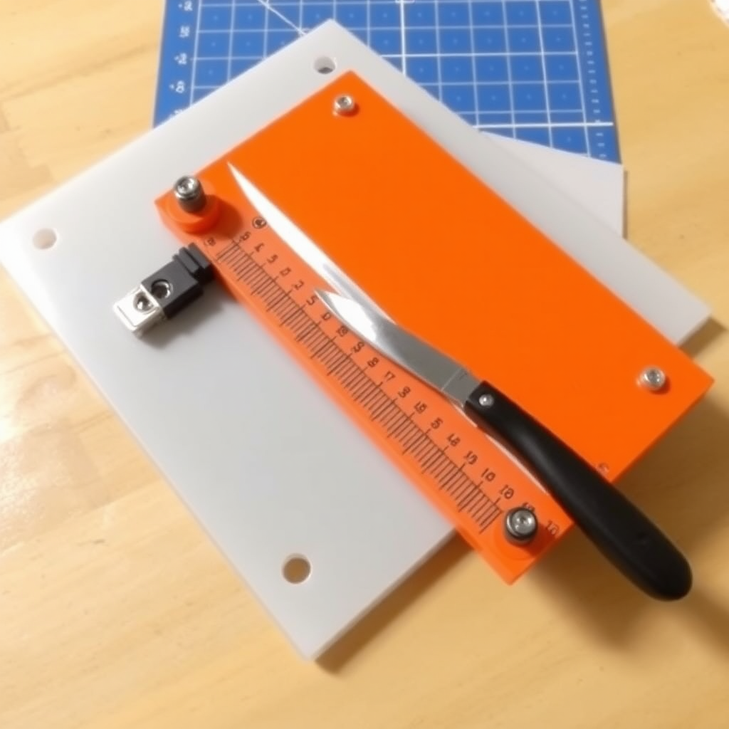 Plastic board and cutting mat: Create a stable surface for cutting by fitting or securing a cutting mat onto a plastic board.

Ruler with holes for knife entry: Secure a ruler (or a tool acting as a slider) with thin holes on the plastic board where a knife can fit.

Left and right movement: Use a fixed device to allow the ruler to move left and right, enabling it to be positioned where desired during work.

Up and down movement using springs: Attach springs to allow the ruler to be moved up and down, so it can be lifted or lowered when needed. This should facilitate easy movement of the ruler and performing cutting tasks with a cutter knife.